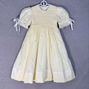 Strasburg‎ Smocked Yellow Cotton Dress Girls 2Y Puff Sleeve Lace Trim Bow Back